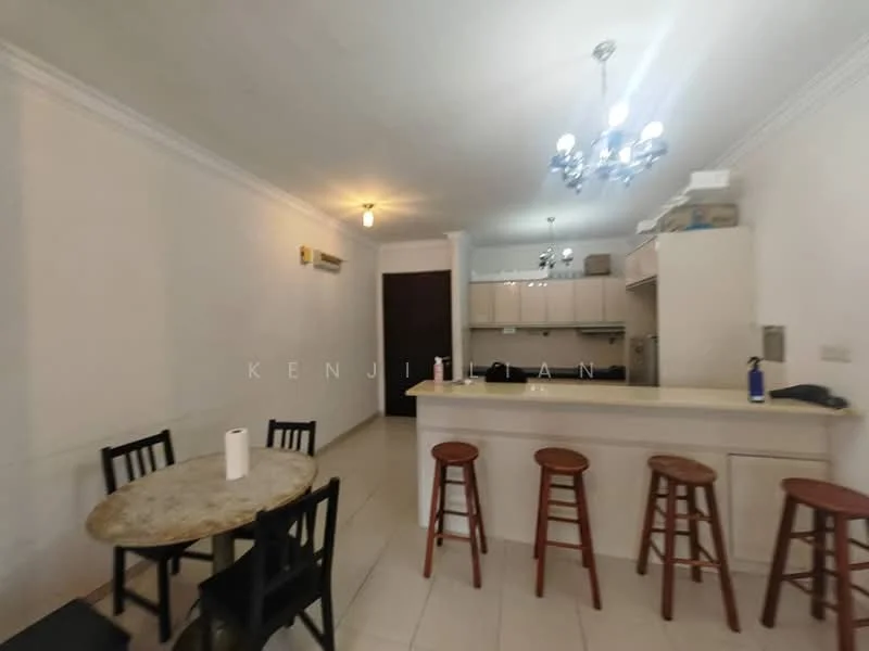 Kitchen features: white painted walls, tile flooring, recessed downlights, kitchen island with countertop, stainless-steel sink, chrome pull-down faucet, built-in cabinets, open shelving, stool seating, dining table with round marble top, 4 wooden stools; style: modern.