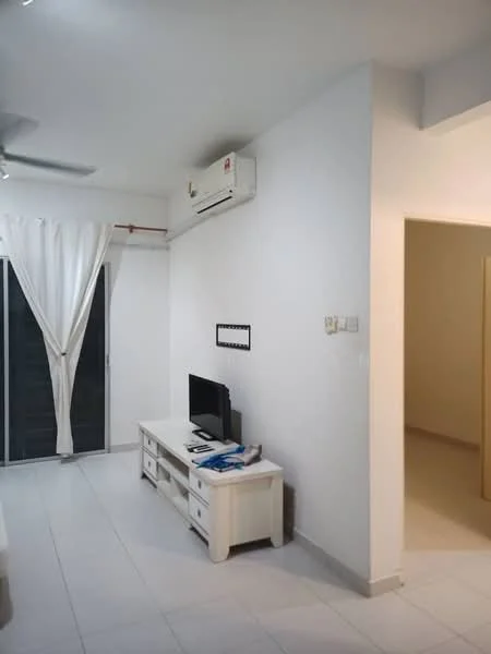 Living features: white painted walls, white ceiling, tile flooring, 5-blade ceiling fan, wall-mounted air conditioning unit, TV console, flat-screen TV, curtains, sliding glass door, decorative wall frame; style: modern. Room features: doorway leading to another room, light-colored walls, tile flooring.