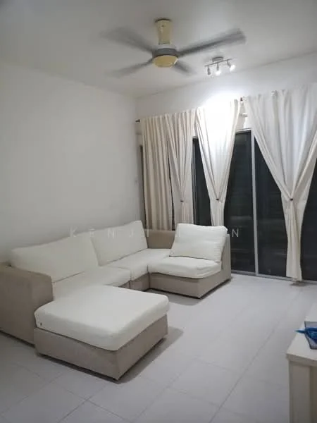 Living features: L-shape sectional sofa in white fabric, ottoman, white walls, light-colored tiled flooring, ceiling fan with light, floor-to-ceiling windows, sheer curtains, recessed downlights; style: modern.