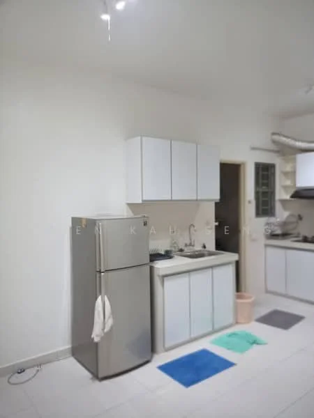 Kitchen features: stainless-steel fridge, white cabinetry, light-colored countertop, ceramic tile flooring, wall-mounted kitchen hood, built-in stove, sink, light fixtures, neutral painted walls; style: modern.