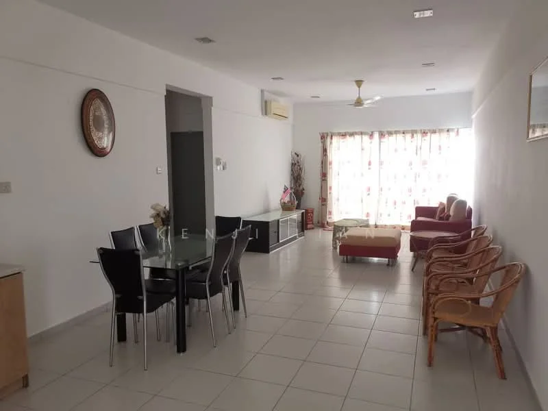 Living features: white painted walls, tile flooring, 5-blade ceiling fan, large windows with sheer curtains, sofa in red fabric, coffee table, TV console, dining table with glass top and black chairs, decorative wall mirror, air conditioning unit; style: modern.