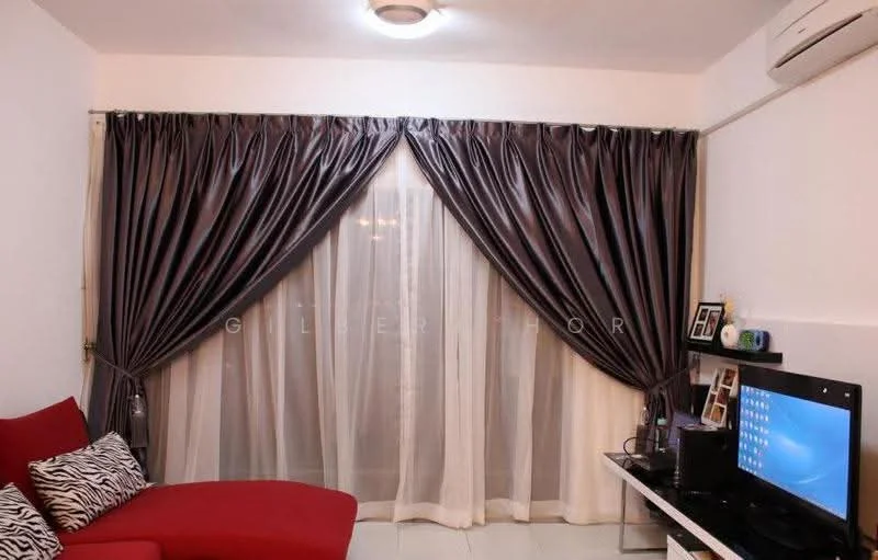 Living features: red fabric sofa, zebra print throw pillows, white wall, white ceiling, recessed ceiling lights, floor-to-ceiling windows, sheer curtains, dark grey curtains, TV console, flat-screen TV, air conditioning unit; style: modern.