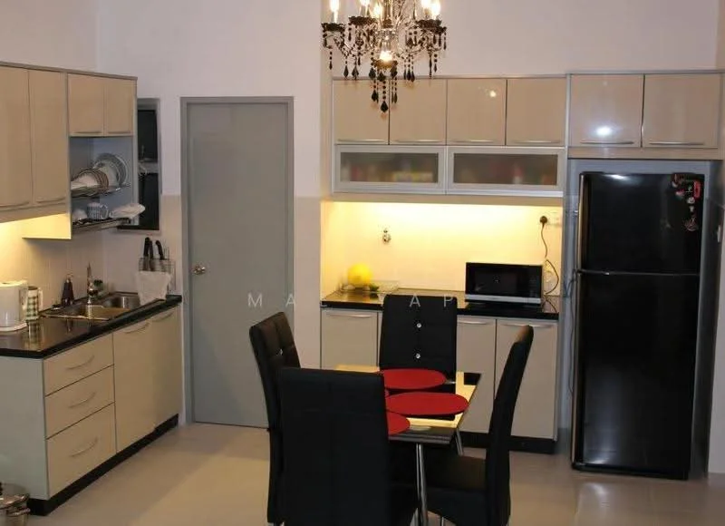 Kitchen features: black granite countertop, cream cabinetry with flat-panel doors, stainless-steel sink, chrome pull-down faucet, built-in microwave, stainless-steel fridge, 4-burner gas hob, exhaust hood, dining table with red placemats, black dining chairs, recessed downlights, tile flooring, white painted walls, door leading to hallway; style: modern.