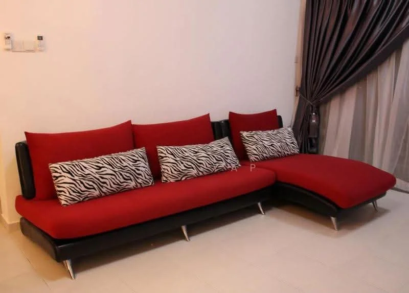 Living features: L-shape sectional sofa in red and black, zebra print cushions, white painted walls, curtains in grey, light-colored flooring, floor-to-ceiling windows; style: modern.