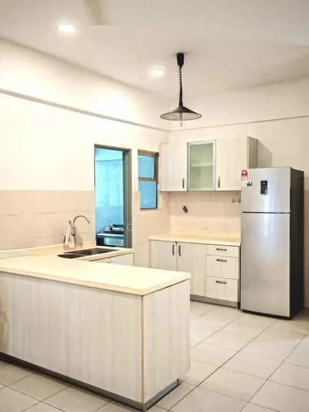 Kitchen features: single-bowl stainless-steel sink, chrome pull-down faucet, laminate countertop, white shaker cabinets, built-in refrigerator, pendant light, tile flooring, wall-mounted cabinets, open shelving, neutral wall color, window with view to exterior; style: modern.
