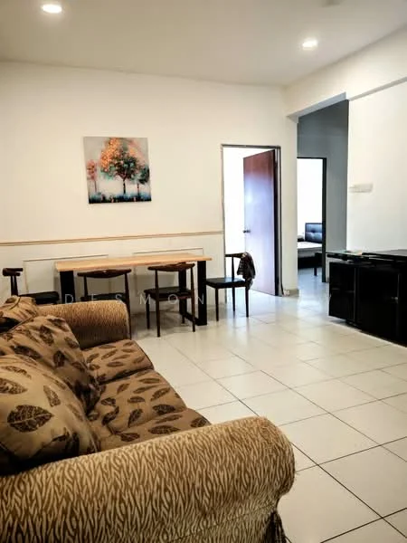 Living features: sofa with patterned upholstery, wooden dining table, 4 wooden chairs, tile flooring, white painted walls, ceiling lights, framed artwork on wall, open doorway leading to another room; style: modern.