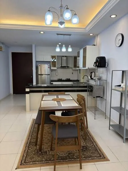 Dining features: 6-seater dining table, wooden dining chairs, area rug with geometric pattern, pendant lighting with multiple bulbs, wall clock, white painted walls, tile flooring, open layout to kitchen; style: modern. Kitchen features: black granite countertop, stainless-steel fridge, built-in oven, 4-burner gas hob, stainless-steel range hood, white cabinetry, double-bowl stainless-steel sink, kitchen island with seating; style: modern.