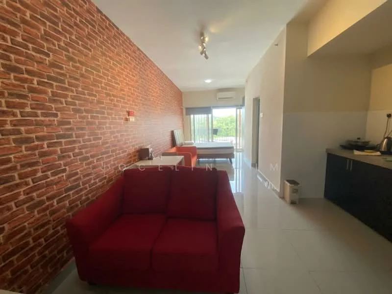 Living features: red fabric sofa, exposed brick accent wall, white painted walls, glossy tile flooring, recessed downlights, floor-to-ceiling windows, air conditioning unit, coffee table, TV console; style: modern; view: garden.