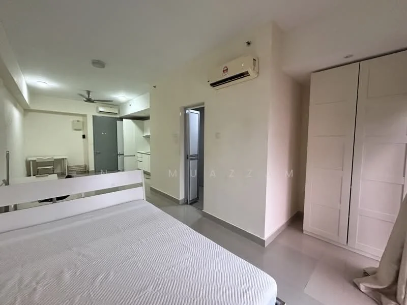 Bedroom features: queen-size bed, white bedding, light grey walls, ceiling fan, wall-mounted air conditioning unit, built-in wardrobe with sliding doors, tile flooring, window with natural light; style: modern. Kitchen features: open kitchen layout, white cabinetry, stainless-steel sink, built-in oven, refrigerator, grey countertops, tile backsplash; style: modern.