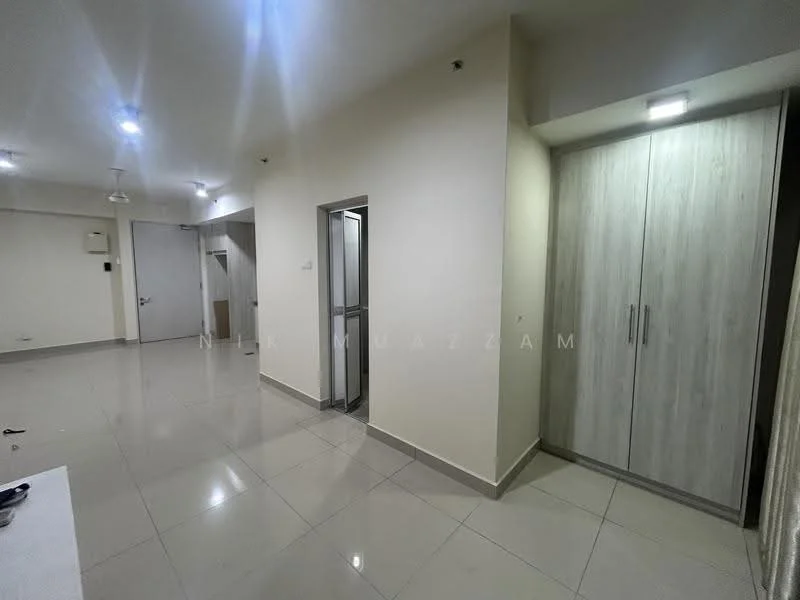 Room features: white painted walls, grey ceramic tile flooring, recessed LED downlights, built-in wardrobe with sliding doors, elevator access, open layout, neutral color scheme, wall-mounted intercom; style: modern.