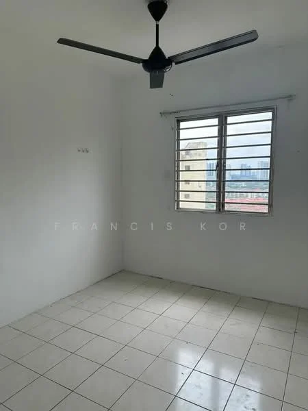 Room features: white painted walls, tile flooring, 5-blade ceiling fan, sliding window with metal grills, city view, no visible furniture, empty room; style: minimalist; view: city.