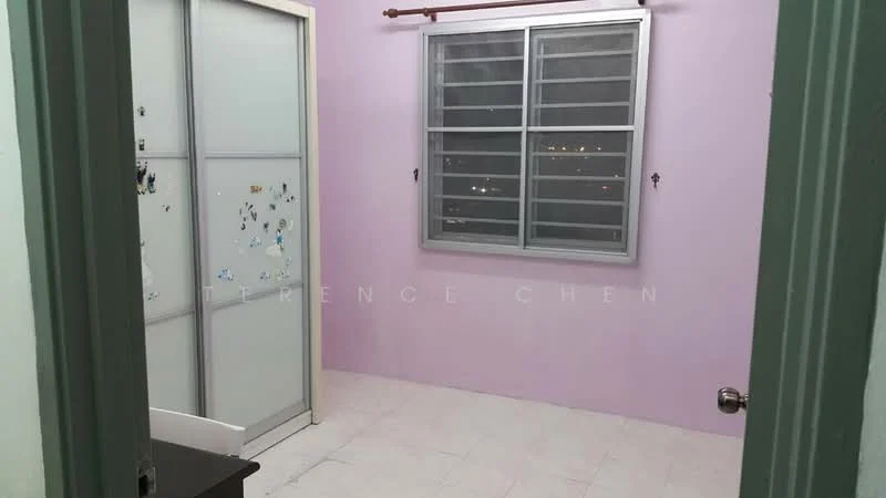 Room features: light purple painted walls, white tiled flooring, sliding glass door wardrobe, window with metal grilles, curtain rod, light fixture, door frame, visible electrical outlet.
