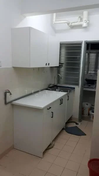 Kitchen features: white cabinetry, stainless-steel sink, chrome faucet, white countertop, tile backsplash, wall-mounted cabinets, floor tiles, window with metal grille, grey mat, utility area with shelves; style: modern.