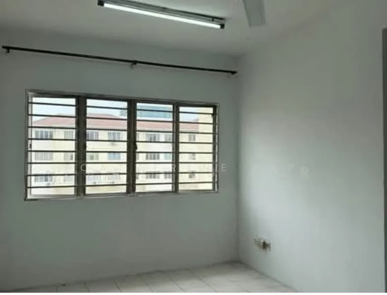 Room features: white painted walls, tile flooring, sliding windows, ceiling light fixture, window with metal grills.