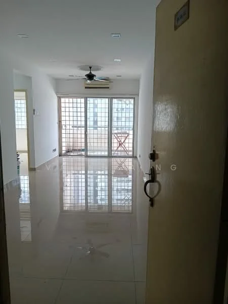 Living features: white painted walls, glossy ceramic tile flooring, 5-blade ceiling fan with light, floor-to-ceiling windows, sliding glass door, balcony view, natural light, recessed downlights, wooden dining table on balcony, open layout; style: modern; view: city.