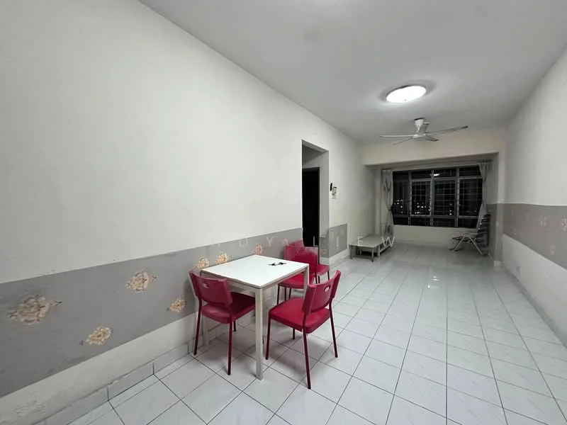Dining features: white walls, grey accent wall, white tiled flooring, round ceiling light, 5-blade ceiling fan, dining table with 4 chairs in red, large windows with city view, open layout, minimalist decor; style: modern; view: city.