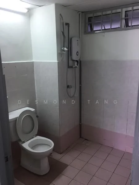 Bathroom features: white tiled walls, pink tiled walls, ceramic tile flooring, one-piece toilet, shower with wall-mounted water heater, shower head, window for ventilation, light fixture on ceiling.