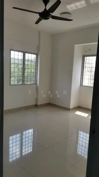 Room features: white painted walls, glossy ceramic tile flooring, 5-blade ceiling fan, two casement windows with grid pattern, natural light from windows, neutral color scheme, corner space, no visible furniture; style: modern; view: garden.