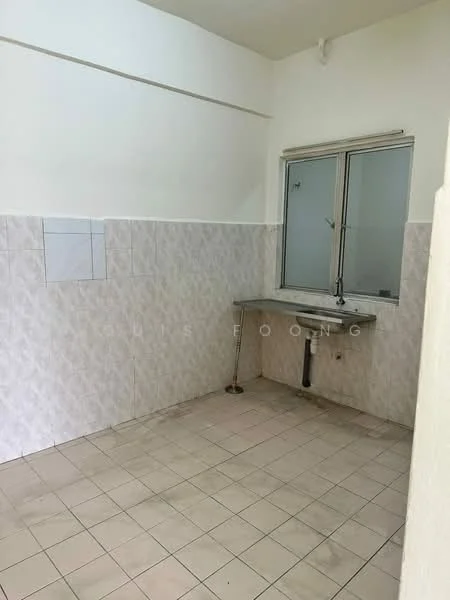 Kitchen features: white tiled walls, light grey patterned wall tiles, white ceramic floor tiles, single-bowl stainless-steel sink, chrome faucet, window above sink, no cabinetry, no appliances.
