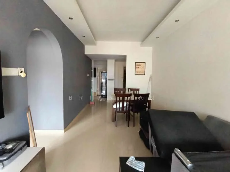 Living features: grey accent wall, white painted walls, marble tile flooring, recessed downlights, sofa in dark fabric, dining table with chairs, TV console, open layout, arched doorway, ceiling with cove lighting; style: modern.