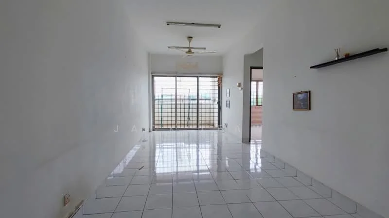 Living features: white painted walls, glossy white tile flooring, 5-blade ceiling fan, floor-to-ceiling windows, sliding glass door, window treatments not visible, decorative shelf on wall, natural light from windows; style: minimalist.