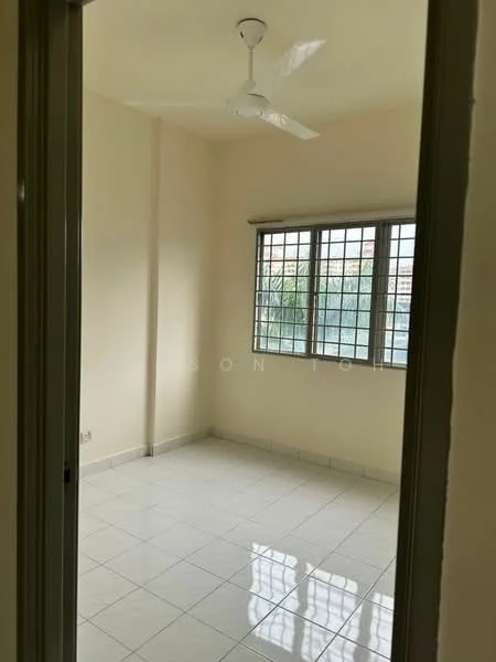 Room features: white painted walls, glossy white tile flooring, ceiling fan, sliding windows with metal frames, natural light from windows, neutral color scheme; style: minimalist; view: garden.
