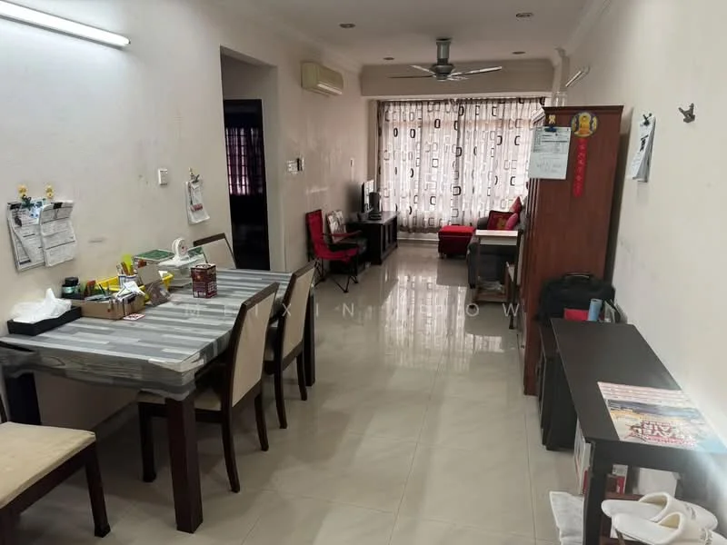 Living features: white painted walls, glossy tile flooring, 5-blade ceiling fan with light, floor-to-ceiling windows with sheer curtains, sofa in red fabric, coffee table, TV console, wall-mounted TV, dining table with grey striped tablecloth, 8 dining chairs, decorative wall clock, open shelving unit, air conditioning unit; style: modern.