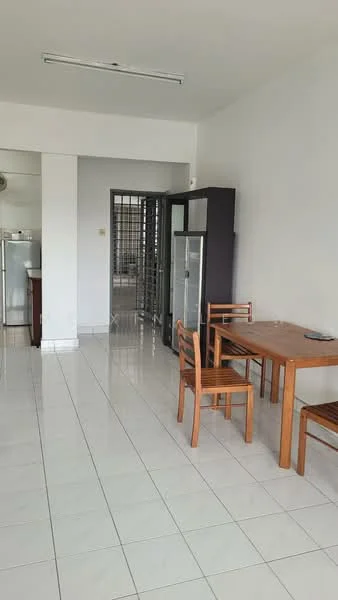 Dining features: white tiled flooring, plain white walls, dining table with four wooden chairs, refrigerator, open layout, natural light from windows, wall-mounted light fixture, sliding security gate; style: modern. Kitchen features: kitchen cabinetry, stainless-steel sink, built-in stove, microwave, open layout, white tiled flooring; style: modern.