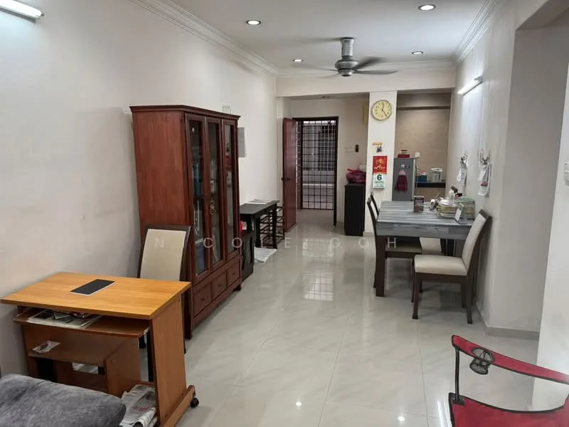 Living features: white painted walls, glossy ceramic tile flooring, recessed downlights, 5-blade ceiling fan, wooden display cabinet, wooden dining table with chairs, wall clock, open layout, door leading to hallway, window with sheer curtains, small side table, red folding chair; style: modern.
