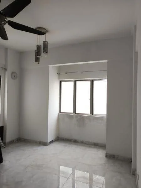 Room features: white painted walls, marble tile flooring, 5-blade ceiling fan, two windows, recessed lighting, clock on wall; style: modern.