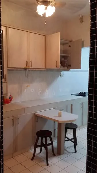 Kitchen features: light wood cabinetry, white tiled backsplash, white countertop, built-in gas stove, single-bowl stainless-steel sink, ceiling fan with light, table with two stools, white tiled flooring, window for natural light; style: modern.