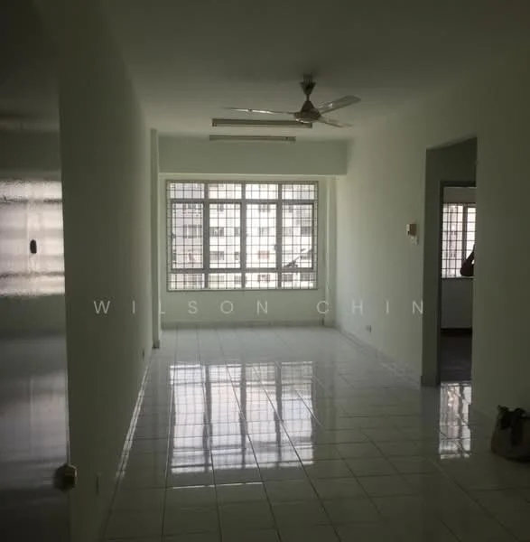 Living features: white painted walls, glossy white floor tiles, 5-blade ceiling fan, large window with grid pattern, natural light, neutral color scheme, open layout, no visible furniture; style: modern; view: city.