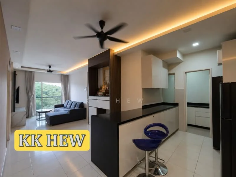 Living features: 3-seater fabric sofa in grey, wall-mounted TV, coffee table, ceiling fan, LED strip lighting, floor-to-ceiling windows with sheer curtains, area rug, decorative wall art; style: modern; view: garden. Kitchen features: black granite countertop, white cabinetry, built-in oven, stainless-steel fridge, single-bowl stainless-steel sink, chrome pull-down faucet, bar seating with blue stool, open shelving; style: modern.