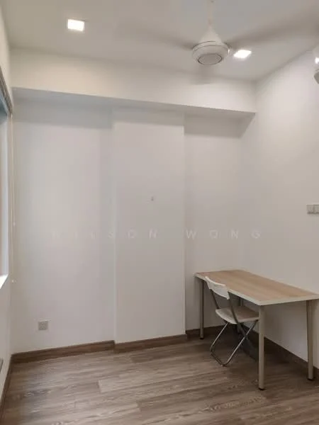 Study features: white painted walls, wooden flooring, recessed downlights, ceiling fan, window with natural light, folding chair, wooden desk; style: modern.