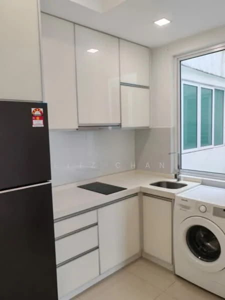 Kitchen features: white cabinetry with flat-panel doors, stainless-steel fridge, single-bowl stainless-steel sink, chrome pull-down faucet, white quartz countertop, built-in cooktop, white tiled backsplash, front-load washing machine, window with green view, recessed LED downlights, light-colored tile flooring; style: modern; view: garden.