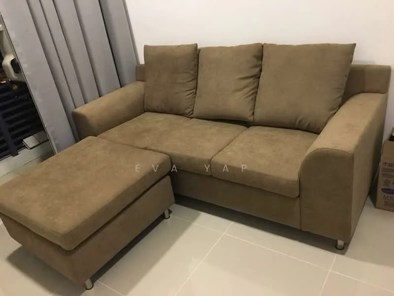 Living features: 3-seater fabric sofa in brown, ottoman, light grey curtains, white painted walls, glossy tile flooring; style: modern.