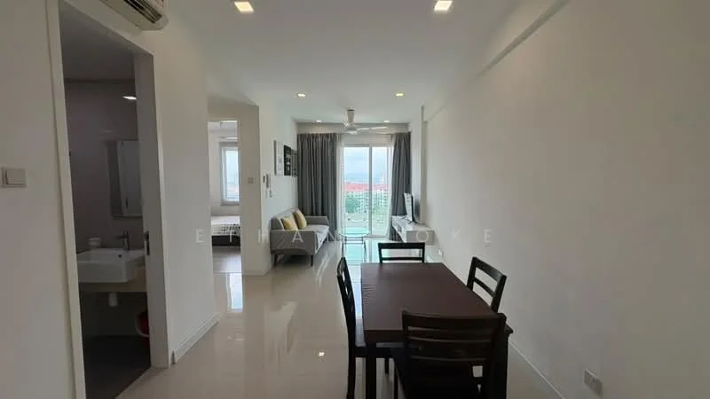Dining features: dining table for 4, black wooden dining chairs, white walls, glossy tile flooring, recessed ceiling lights, large window with city view, open layout to living area, natural light from window; style: modern; view: city. Living features: sofa in grey, coffee table, large window with balcony access, curtains, TV console, decorative wall art, open layout to dining area; style: modern; view: city. Room features: white walls, glossy tile flooring, recessed ceiling lights.