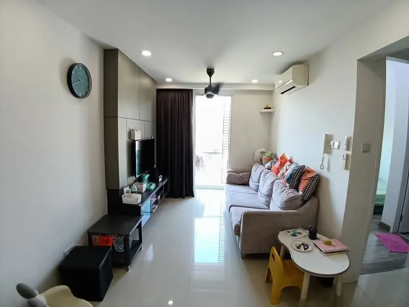 Living features: light grey fabric sofa, coffee table, wall-mounted TV, black TV console, decorative cushions, ceiling fan, recessed downlights, floor-to-ceiling windows with sheer curtains, white painted walls, glossy tile flooring, clock on wall, small children's table, decorative wall art; style: modern; view: garden.
