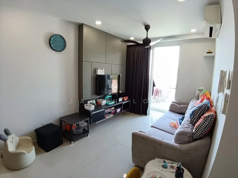 Living features: grey fabric sofa, coffee table, wall-mounted TV, black TV console, clock on wall, ceiling fan, recessed downlights, large window with sheer curtains, decorative cushions, area rug, open shelving unit, wall-mounted decor; style: modern.