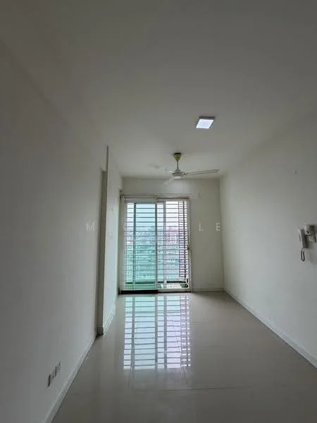 Room features: white painted walls, glossy tile flooring, ceiling fan, floor-to-ceiling windows, sliding glass door, roller blinds, light fixture, telephone intercom; style: modern; view: city.