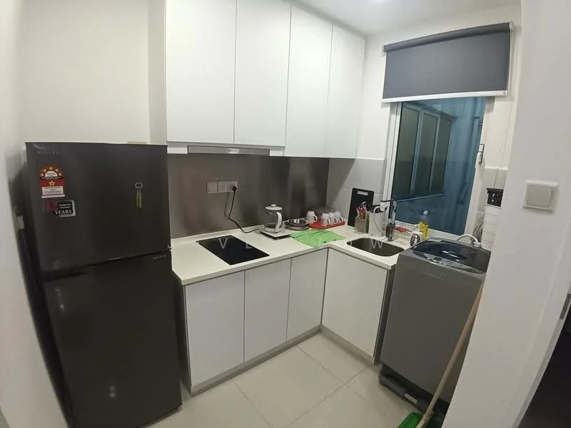 Kitchen features: white cabinetry, stainless-steel double-bowl sink, chrome pull-down faucet, grey backsplash, white countertop, built-in stove, stainless-steel fridge, washing machine, window with roller blinds, tile flooring, kitchen appliances, countertop with kitchen utensils; style: modern.