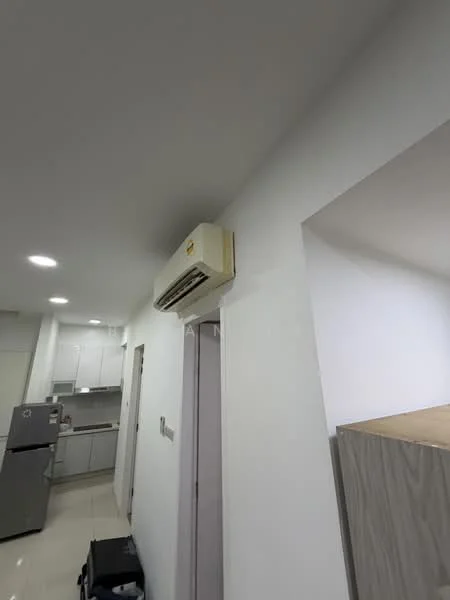 Room features: white painted walls, recessed LED downlights, 1 wall-mounted split AC, glossy tile flooring, doorway leading to another room, kitchen cabinetry visible in background, grey cabinetry, appliance visible in background; style: modern.