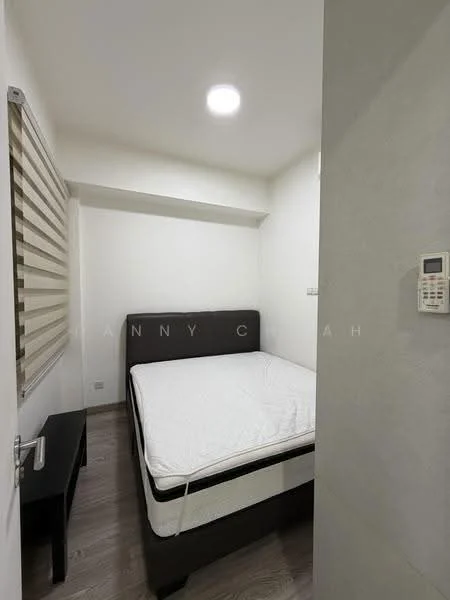 Bedroom features: queen-size bed frame, empty mattress, wooden flooring, white painted walls, recessed ceiling light, roller blinds on window, nightstand, air conditioning unit; style: modern.