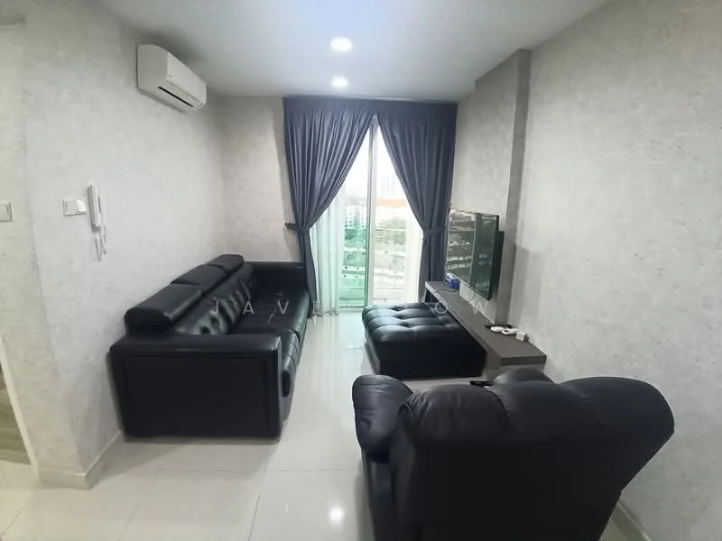 Living features: black leather 3-seater sofa, black leather armchair, wall-mounted TV, TV console, floor-to-ceiling windows, grey curtains, air conditioning unit, glossy tile flooring, light grey painted walls; style: modern; view: city.