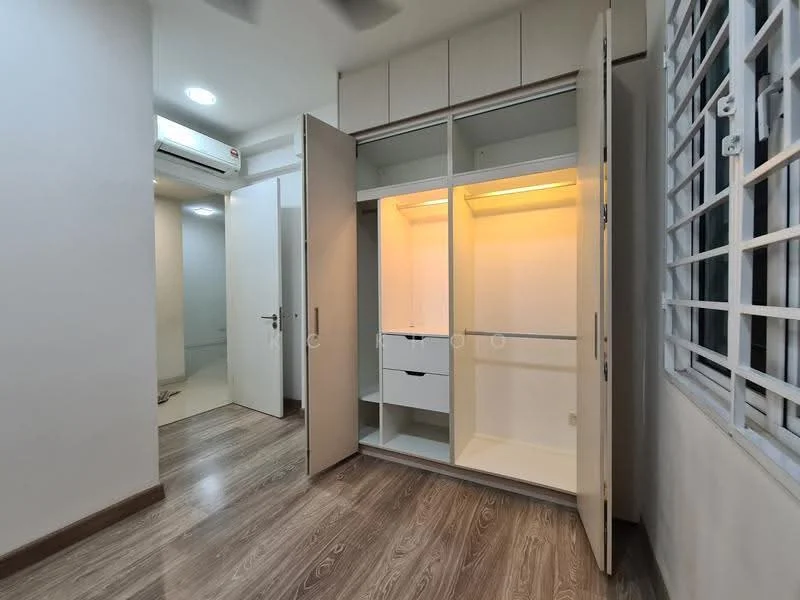 Bedroom features: built-in wardrobe with sliding doors, interior lighting in wardrobe, wooden flooring, wall-mounted split AC, white painted walls, ceiling with recessed lighting; style: modern.