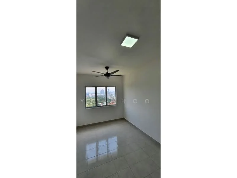 Room features: white painted walls, glossy tile flooring, 5-blade ceiling fan with light, floor-to-ceiling windows, city view, single light fixture in ceiling; style: modern; view: city.