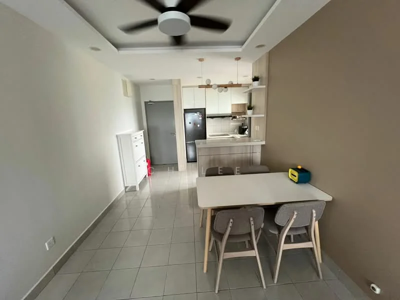 Dining features: dining table with white surface, 4 dining chairs with light grey upholstery, ceiling fan with light, light grey tiled flooring, white painted walls, kitchenette with bar counter, stainless-steel fridge, built-in cabinetry, pendant lighting above table; style: modern. Kitchen features: stainless-steel sink, chrome pull-down faucet, built-in oven, induction cooktop, white cabinetry, black countertop, open shelving; style: modern.