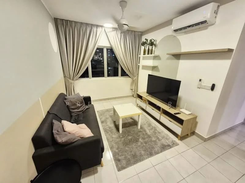 Living features: 3-seater fabric sofa in dark grey, light grey area rug, white coffee table, TV console with storage, wall-mounted TV, floor-to-ceiling windows, sheer curtains, ceiling fan, wall-mounted air conditioning unit, decorative shelf with plants, light-colored tiled flooring, neutral painted walls; style: modern; view: city.