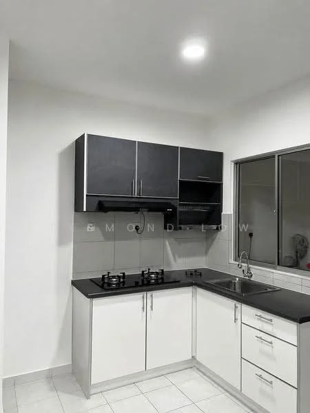 Kitchen features: black laminate upper cabinets, white lower cabinets, black countertop, stainless-steel sink, chrome pull-down faucet, two-burner gas hob, exhaust hood, white tiled backsplash, white tiled flooring, large window for natural light, recessed ceiling lights; style: modern.