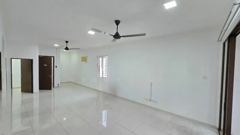 Room features: white painted walls, glossy white tile flooring, 2 ceiling fans, recessed LED downlights, window with horizontal slats, door leading to another room, door leading to hallway, no visible furniture; style: modern.